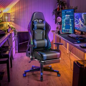 Costway Gamingstoel met RGB-Ledlampen en Intrekbare Voetensteun Ergonomische Bureaustoel met Verstelbare Rugleuning Computerstoel Blauw