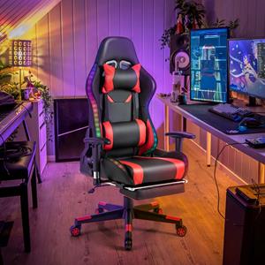 Costway Gamingstoel met RGB-Ledlampen en Intrekbare Voetensteun Ergonomische Bureaustoel met Verstelbare Rugleuning Computerstoel Rood