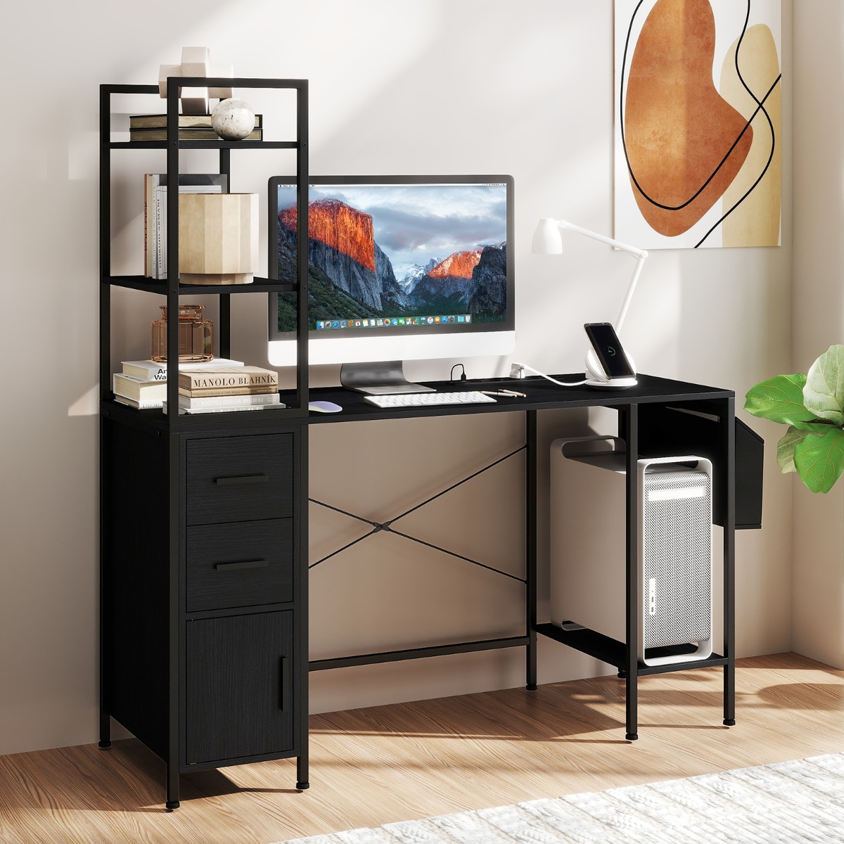 Costway Bureau met Ledverlichting en Stopcontacten Open Planken 2 Lades CPU-Houder Stoffen Opbergvak Schrijftafel voor Thuiskantoor Zwart