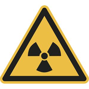 Waarschuwingsbord, waarschuwing voor radioactieve stoffen of ioniserende straling, VE = 10 stuks, folie, hoeklengte 100 mm