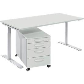 Schäfer Shop Genius Complete meubelset Modena Flex, bureautafel B 1600 mm, in hoogte verstelbaar en verrijdbaar ladeblok, lichtgrijs