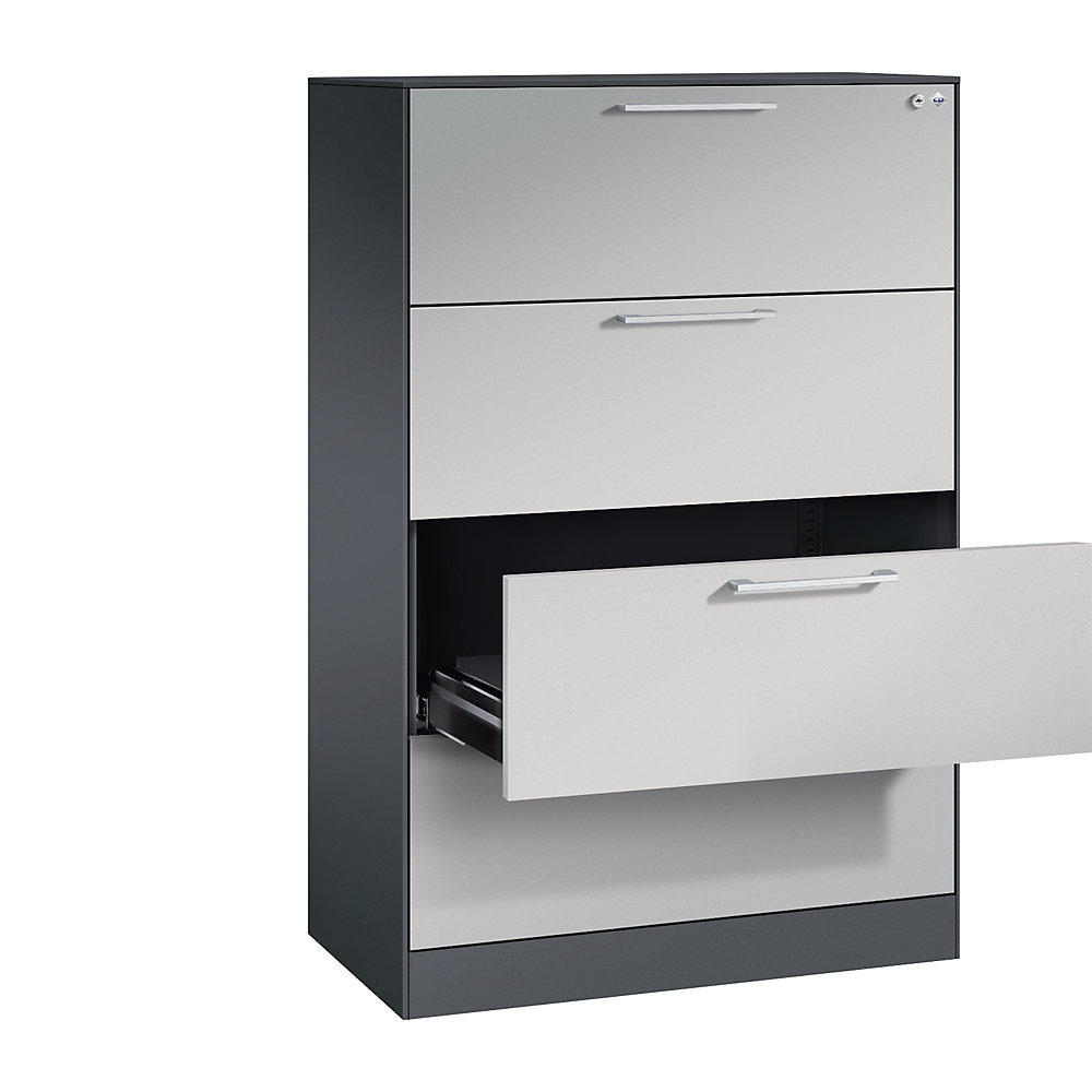 C+P Archiefkast ASISTO, hoogte 1292 mm, met 4 lades, A4 liggend, zwartgrijs/blank aluminiumkleurig