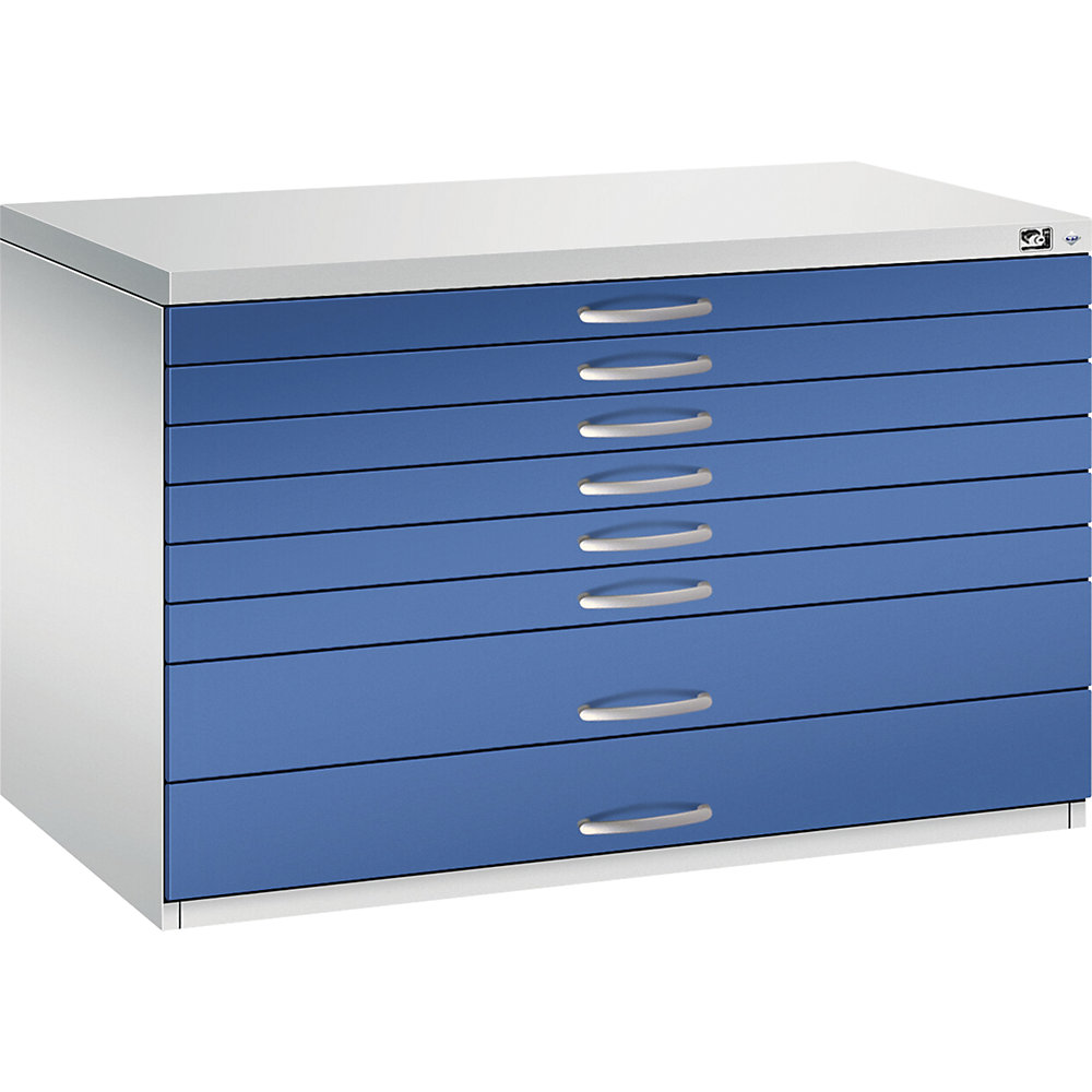 C+P Tekeningkast, A1, 8 laden, hoogte 760 mm, lichtgrijs/gentiaanblauw