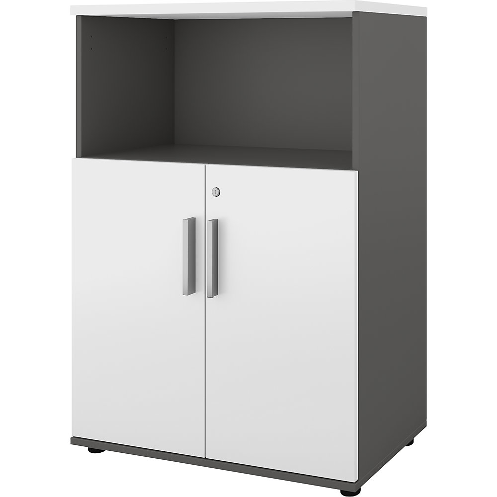 Kast Portland, b x d = 800 x 420 mm, h 1138 mm, deurhoogte 700 mm, donkergrijs / wit geborsteld
