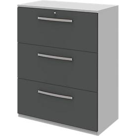 Hangmappenkast BARI, 3 schuifladen, centrale vergrendeling, B 819 x D 430 x H 1117 mm, lichtgrijs/antraciet