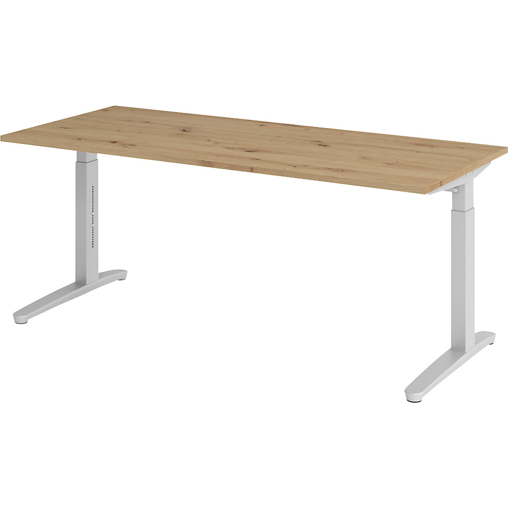 Eurokraft pro ANNY - Bureautafel met C-vormig onderstel, in hoogte verstelbaar 650 - 850 mm, breedte 1800 mm, eikenhout met noesten / aluminiumzilver