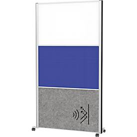 Maul verplaatsbaar wandsysteem connecto, insteekmodules, 1x whiteboard, 1x akoestisch vlies, 1x textieloppervlak, klittenbandsluiting, op wielen, H 1800 x B 1000 mm, zilver