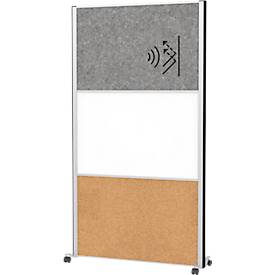 Maul scheidingswandsysteem connecto, 1 x donker akoestisch vlies, 1 x whiteboard, 1 x kurkbord, op wielen, H 1800 x B 1000 mm, zilver