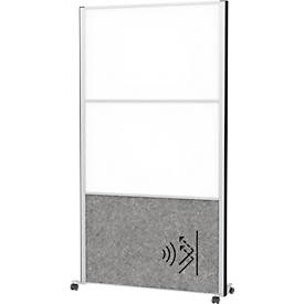 Maul verplaatsbaar wandsysteem connecto, 1x akoestisch vlies donker, 2x whiteboard, klittenband, op wielen, H 1800 x B 1000 mm, zilver
