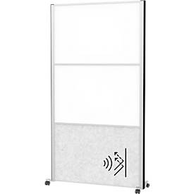 Maul verplaatsbaar wandsysteem connecto, 1x akoestisch vlieslicht, 2x whiteboard, klittenband, op wielen, H 1800 x B 1000 mm, zilver