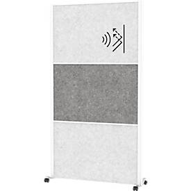 Maul verplaatsbaar wandsysteem connecto, insteekmodules, 2x akoestisch vlies licht, 1x akoestisch vlies donker, klittenband, op wielen, H 1800 x B 1000 mm, wit