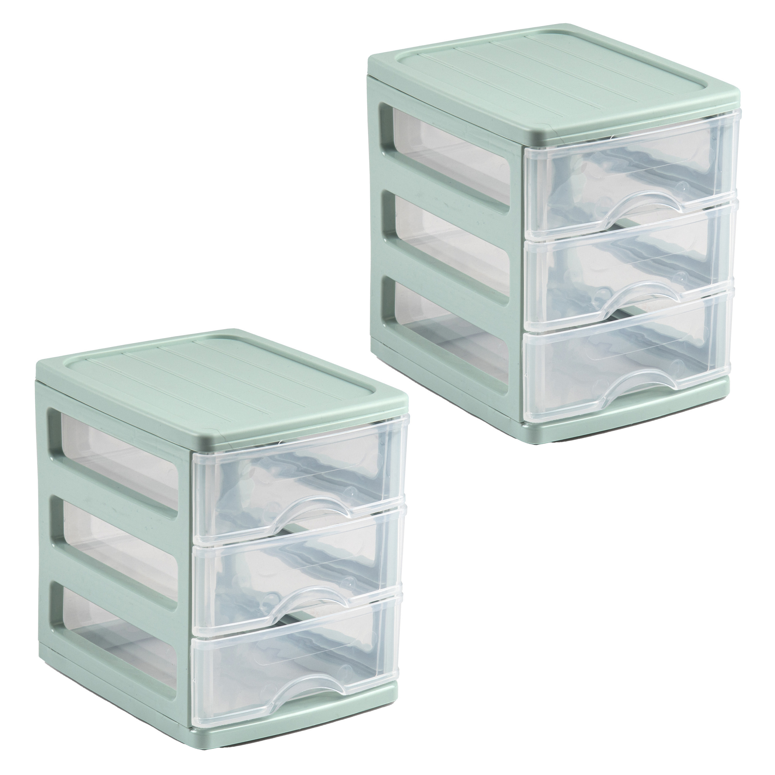 PlasticForte Ladekastje bureau organizer - 2x - 3 lades - groen/transparant - L13 x B17 x H17 cm - kunststof -