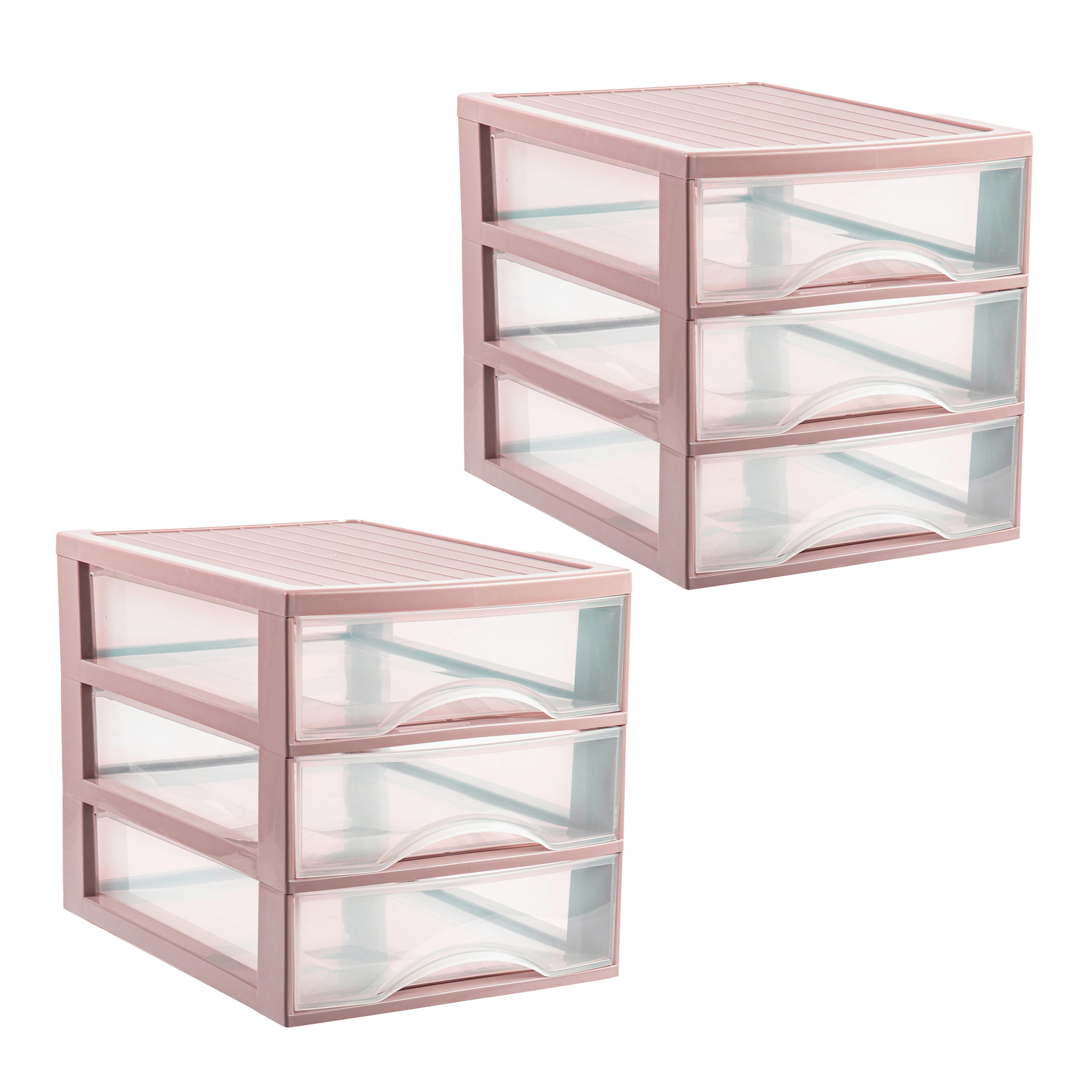 PlasticForte Ladekastje bureau organizer - 2x - 3 lades - roze/transparant - L26 x B35 x H27 cm - kunststof -