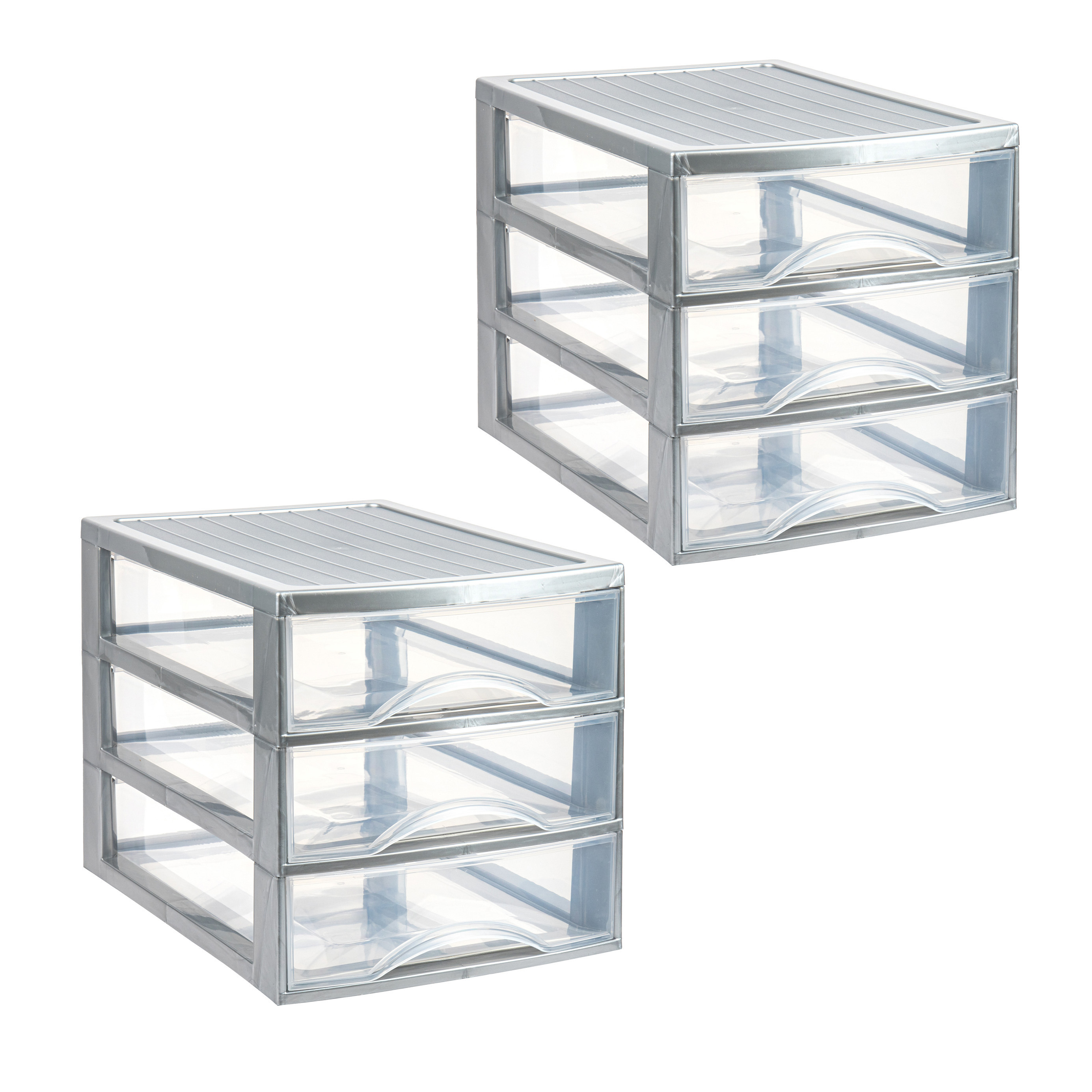 PlasticForte Ladekastje bureau organizer - 2x - 3 lades - zilver/transparant - L26 x B35 x H27 cm - kunststof -