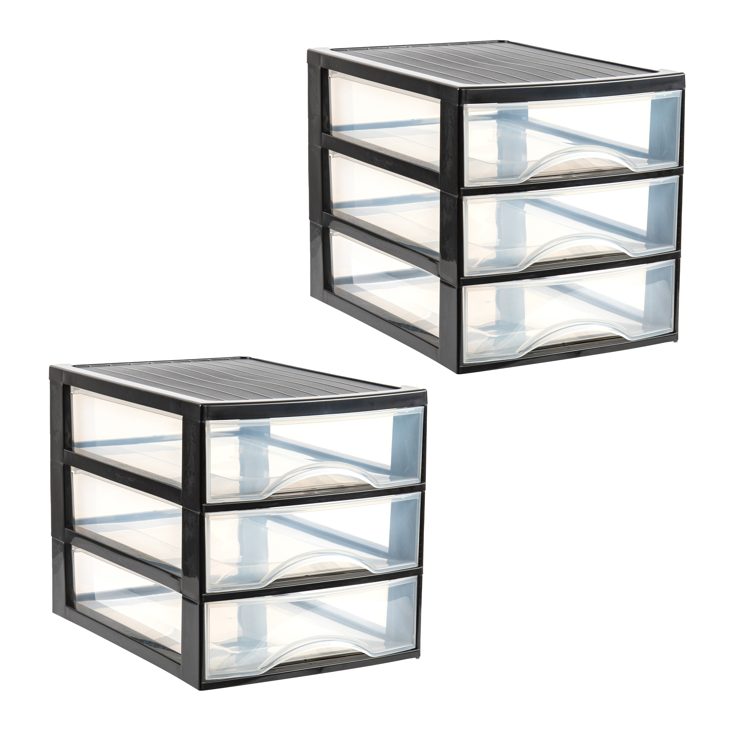 PlasticForte Ladekastje bureau organizer - 2x - 3 lades - zwart/transparant - L26 x B35 x H27 cm - kunststof -