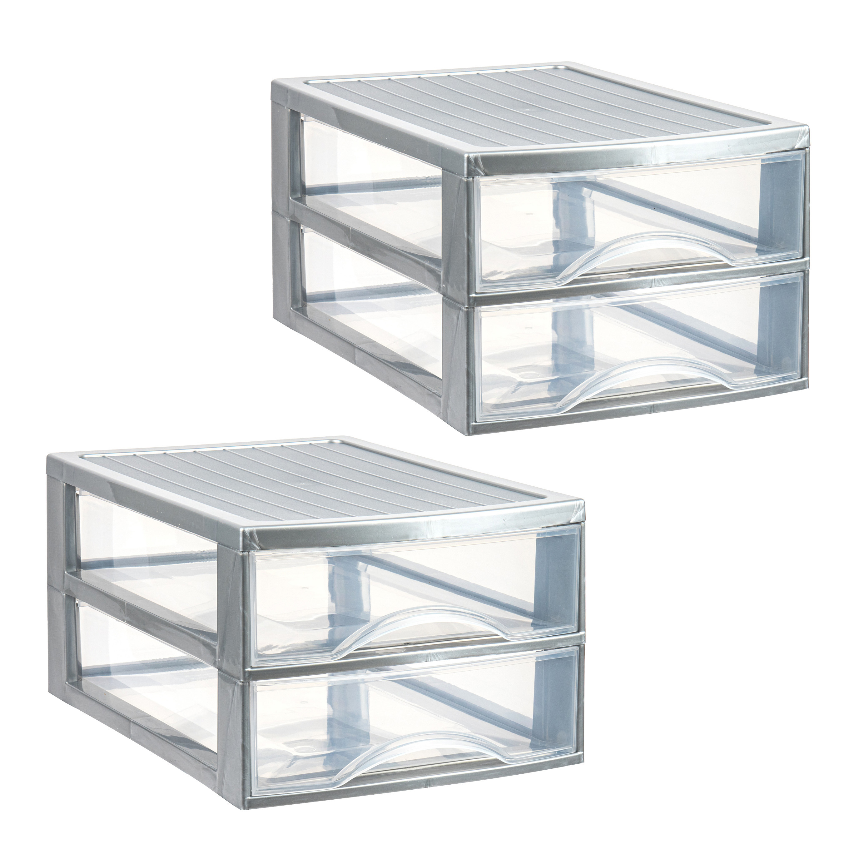 PlasticForte Ladekastje bureau organizer - 3x - 2 lades - zilver/transparant - L26 x B35 x H19 cm - kunststof -