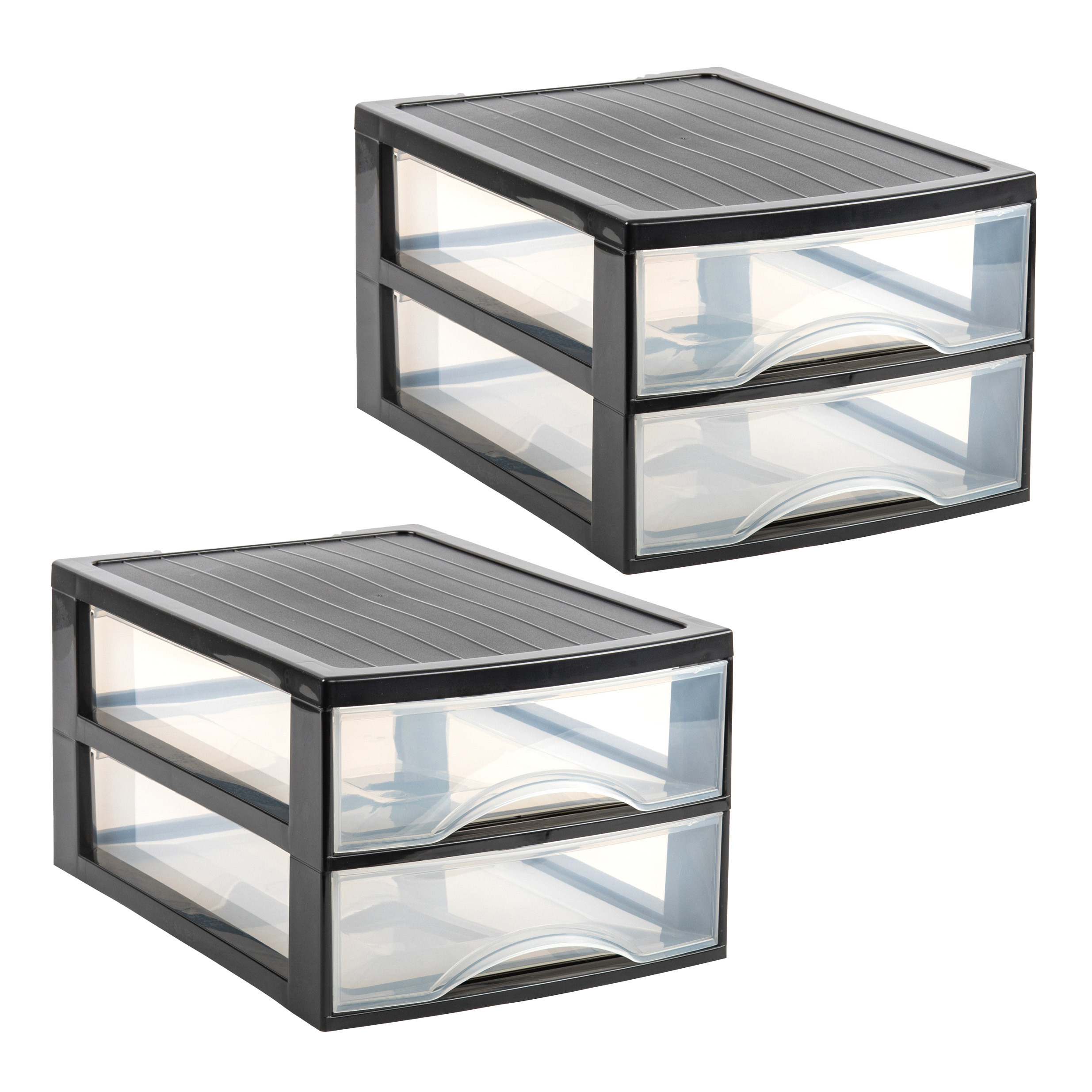PlasticForte Ladekastje bureau organizer - 3x - 2 lades - zwart/transparant - L26 x B35 x H19 cm - kunststof -