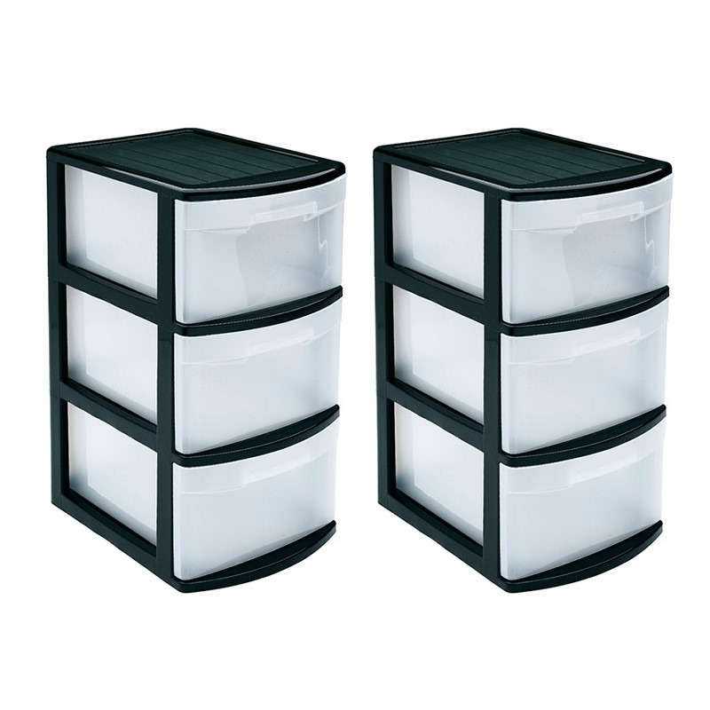 PlasticForte 2x stuks ladeblok/bureau organizer met 3x lades zwart/transparant L39 x B28.5 x H58.5 cm -