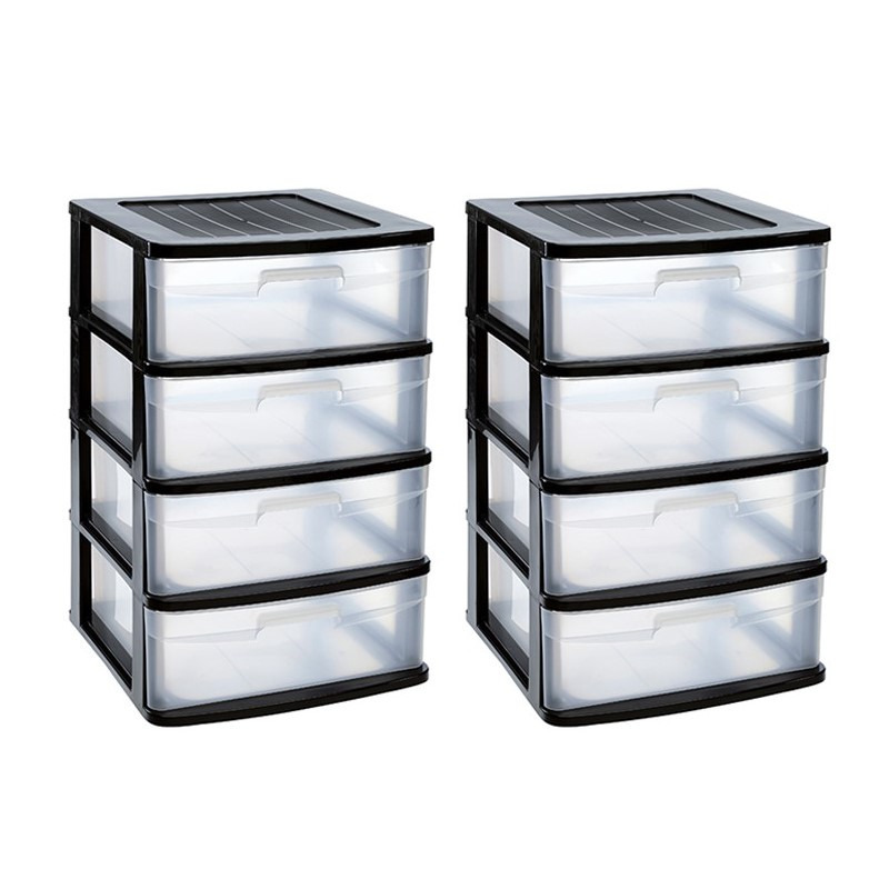 PlasticForte 2x stuks ladeblok/bureau organizer met 4x lades zwart/transparant L40 x B39 x H65 cm -