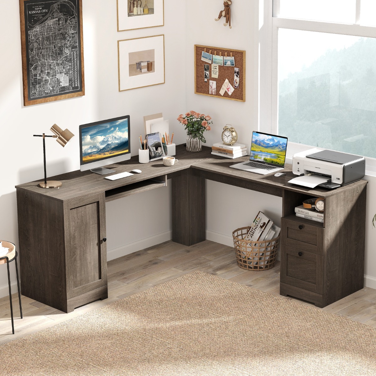 Costway 168 cm L-Vormig Computerbureau met Stopcontacten Modern Bureau met 2 Opbergladen Kast Verstelbare Plank en Toetsenbordlade