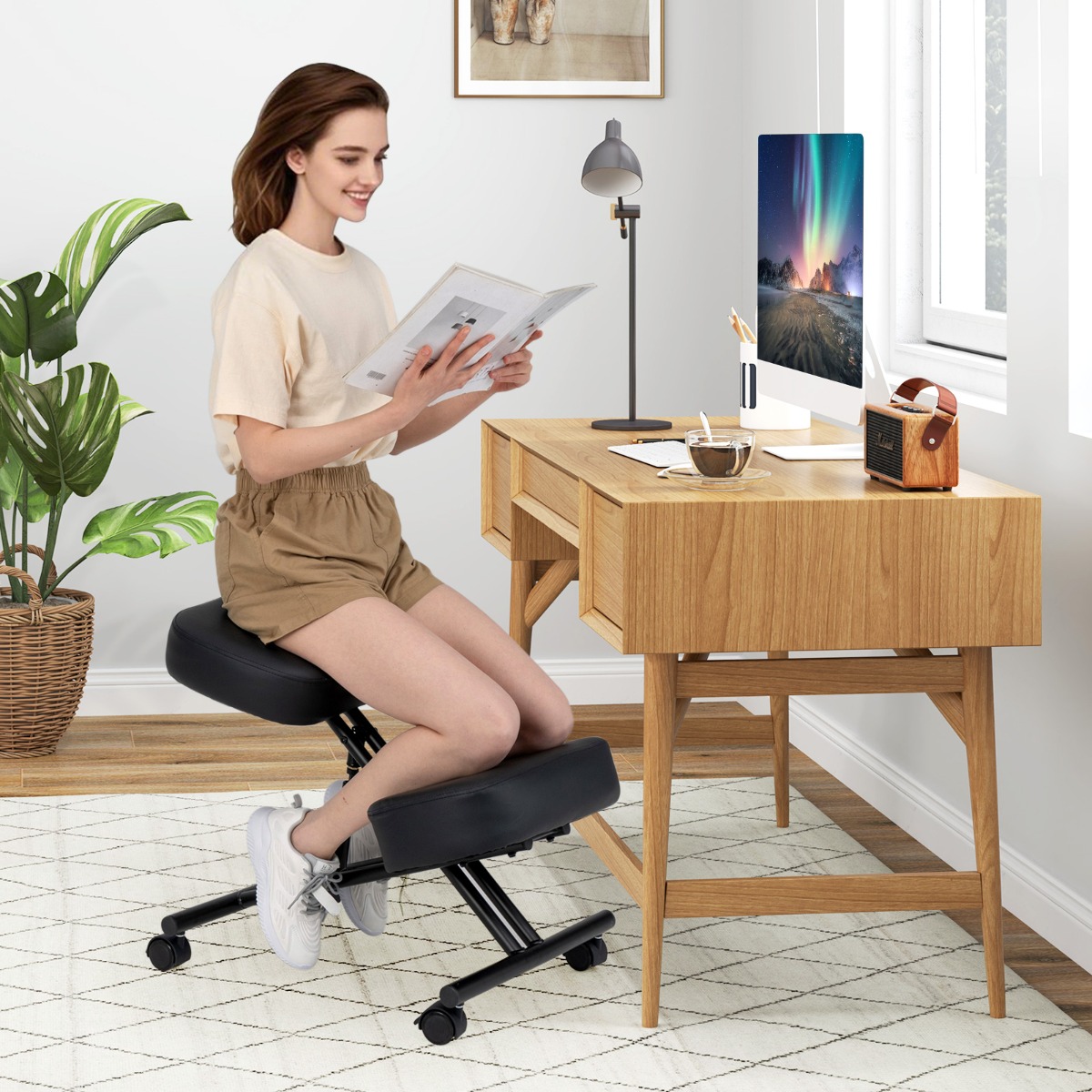 Costway Ergonomische Knieliggende Stoel met Schuine Zitting voor Pijnverlichting Orthopedische Bureaustoel