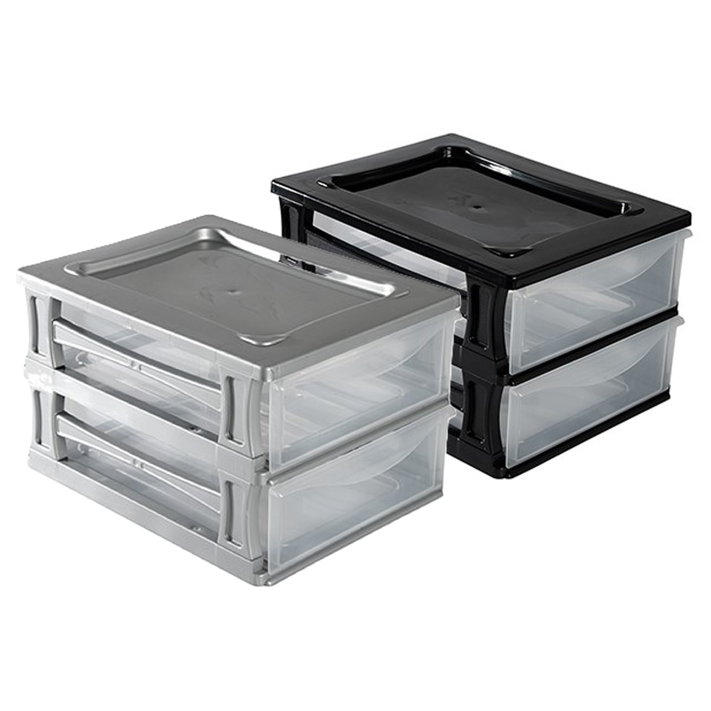 Hega Hogar 2x een Ladeblokje met 2 grote lades - grijs en zwart - L26 x B35 x H20 cm - kunststof -