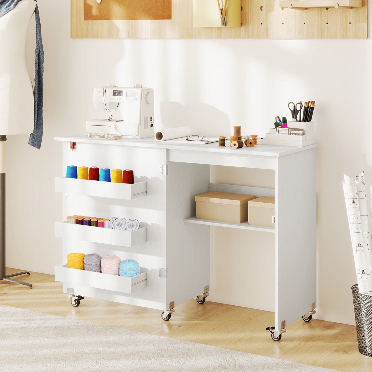Costway Vouwbare Naaitafel Rollende Knutselstation met Opbergvak 3 Verborgen Containers Mobiele Naaitafel 118,5 x 40 x 79,5 cm Wit
