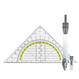 Merkloos Geodriehoek 3x stuks met passer set - wiskunde school set - Wiskunde/rekenen - Schoolspullen -