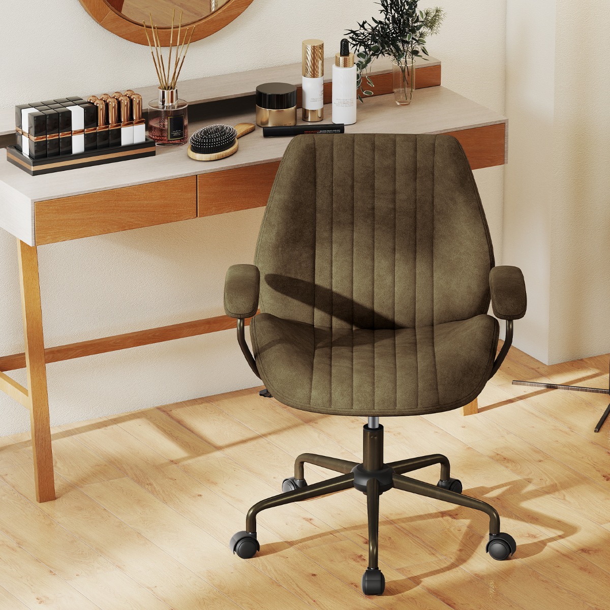 Costway Ergonomische Bureaustoel Draaistoel met Gestoffeerde Armleuningen Computerstoel Olijfgroen