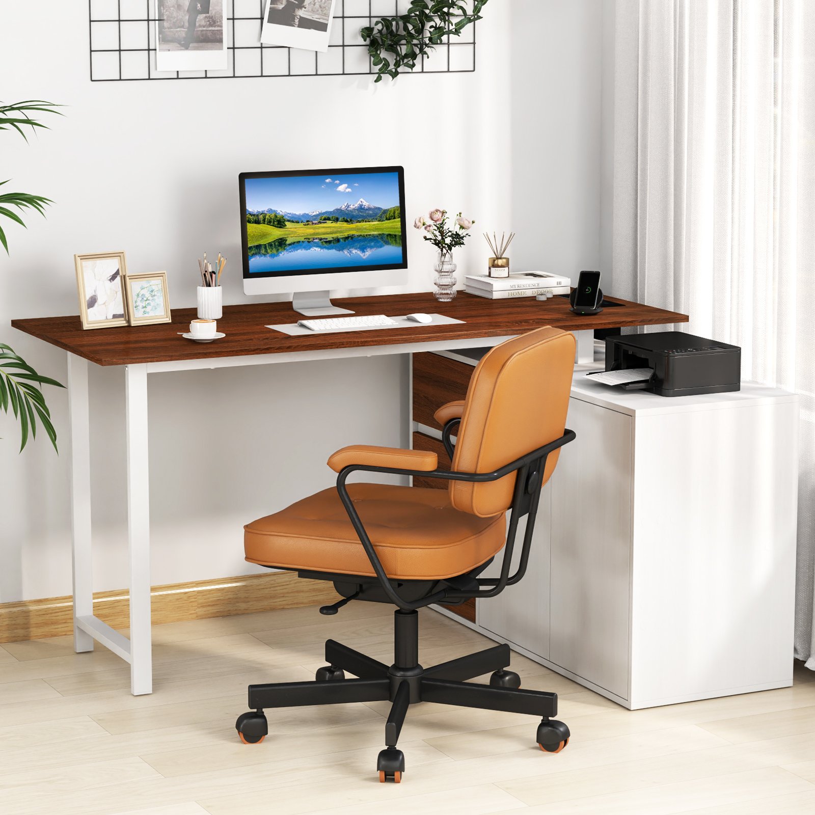 Costway L-vormige Bureau met Archiefkast & Stopcontact 138 cm Omkeerbare Hoekcomputerbureau Bruin