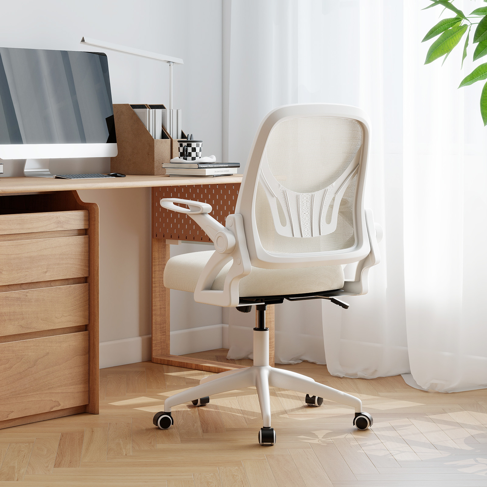 Costway Ergonomische Bureaustoel met Opklapbare Armleuningen en Kantelfunctie Computerstoel Beige