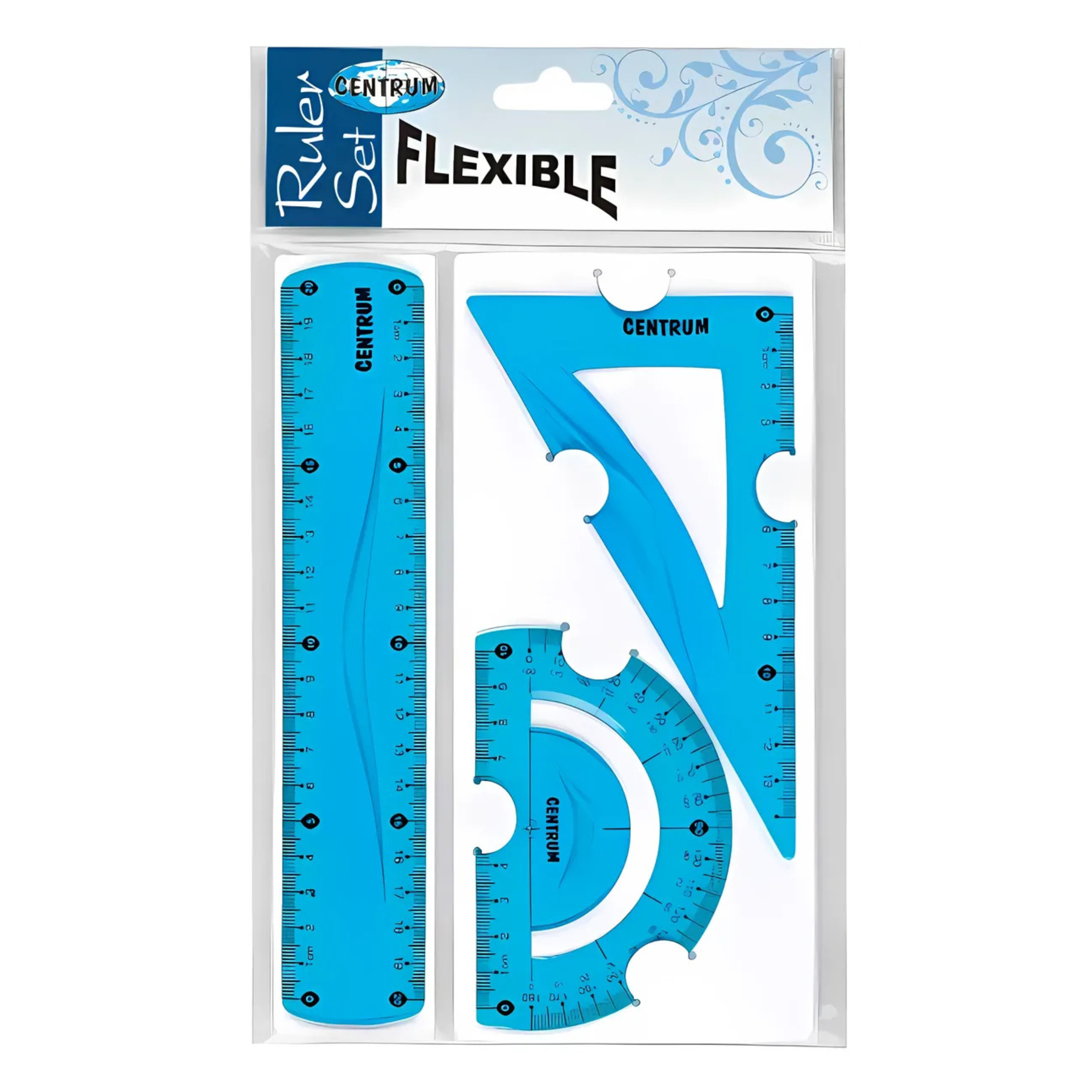 Centrum Tekenset - 3 delig - kunststof - blauw - liniaal - gradenboog - tekendriehoek -