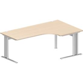 Schäfer Shop Pure hoekbureau PLANOVA BASIC, 90° hoek rechts, C-voet, B 2000 x D 1200/800 x H 717 mm, ahorn/wit aluminium + kabelgoot