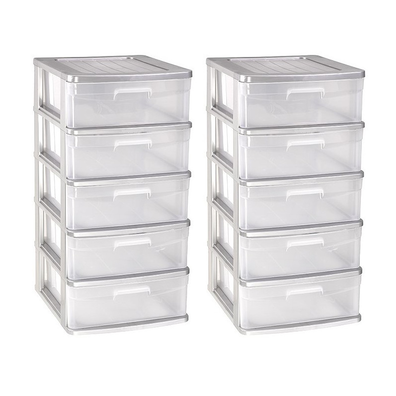 PlasticForte 2x stuks ladeblok/bureau organizer met 5x lades grijs/transparant L40 x B39 x H81 cm -