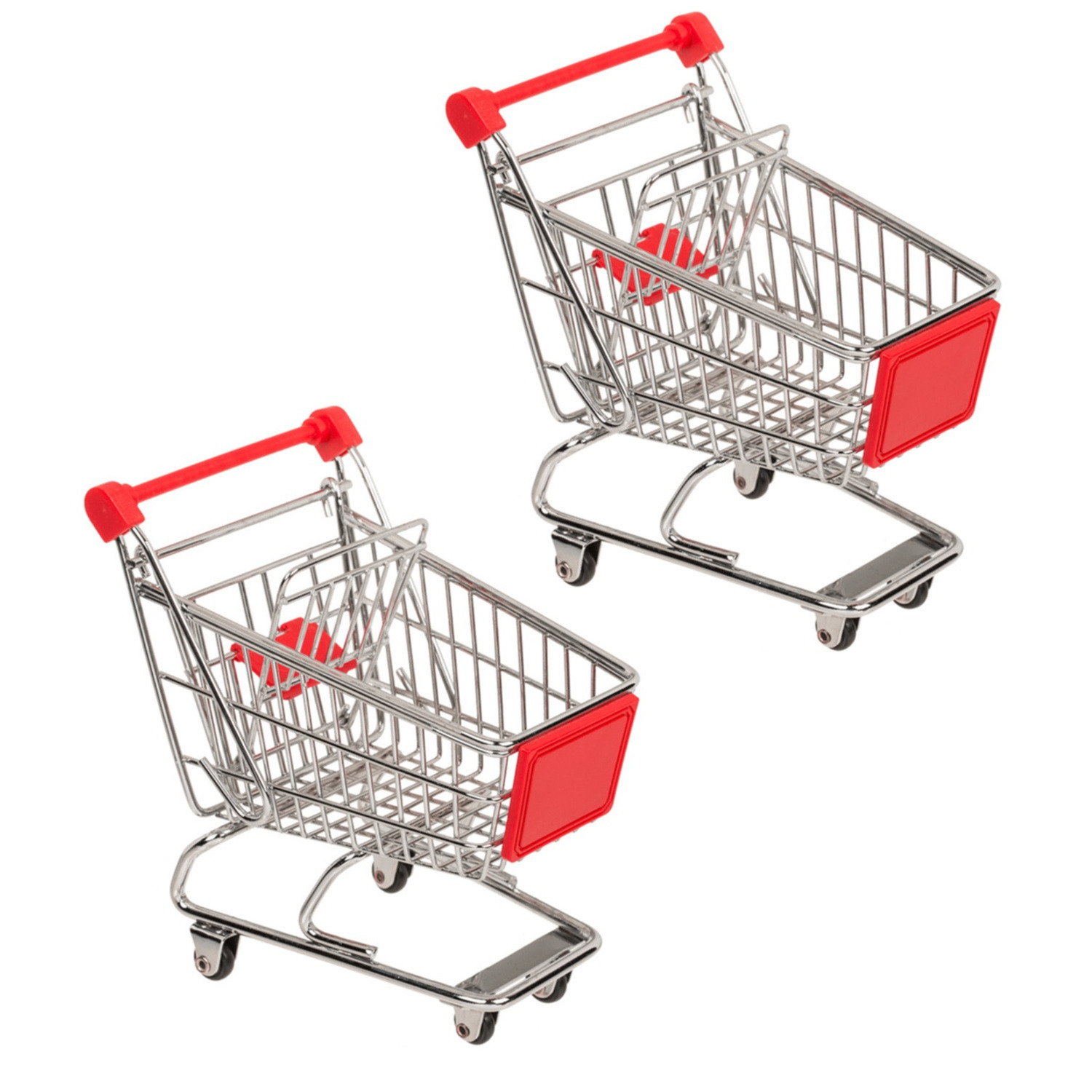 Merkloos Mini winkelwagentje van metaal - 2x - rood/zilver - 14 x 14 cm - verrijdbaar - bureau accessoires -