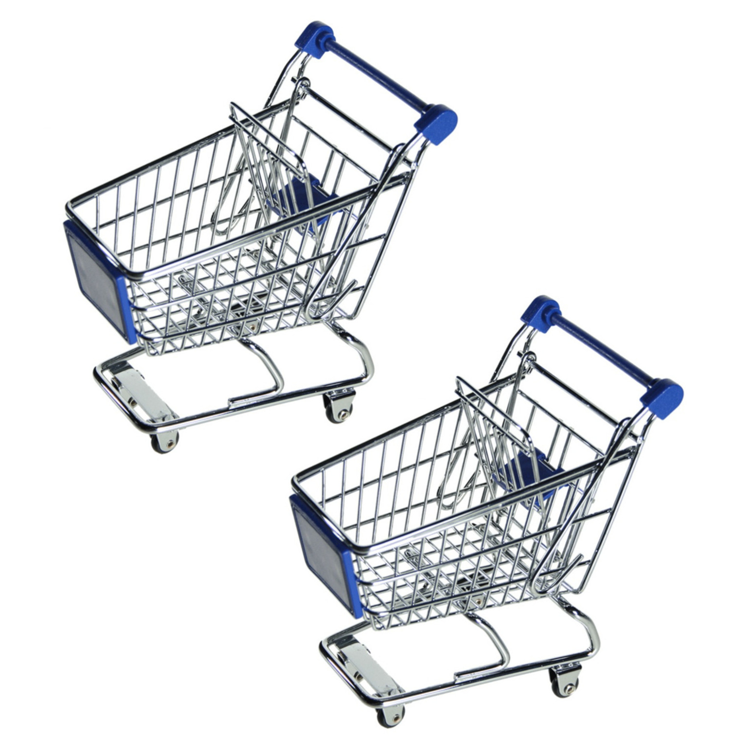 Merkloos Mini winkelwagentje van metaal - 2x - blauw/zilver - 14 x 14 cm - verrijdbaar - bureau accessoires -
