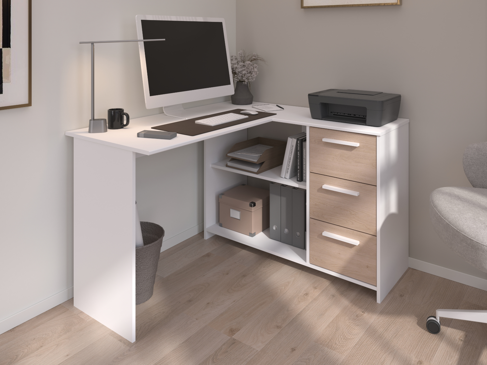 Mobistoxx Hoekbureau INFINITY 3 lades wit/jackson eik