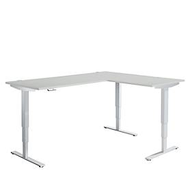 Schäfer Shop Genius AERO FLEX hoekbureau, elektrisch in hoogte verstelbaar, hoek 90°, T-voet, B 2000 x D 1600 mm, aluminium lichtgrijs/wit + memorypaneel