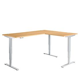Sch&auml;fer Shop Genius AERO FLEX hoekbureau, elektrisch in hoogte verstelbaar, hoek 90&deg;, T-voet, B 2000 x D 1600 mm, beuken/blank aluminium + memorypaneel