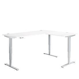 Schäfer Shop Genius AERO FLEX hoekbureau, elektrisch in hoogte verstelbaar, hoek 90°, T-voet, B 2000 x D 1600 mm, aluminium wit/wit + memorypaneel