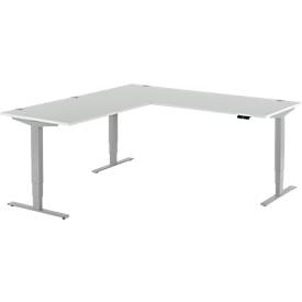 Schäfer Shop Genius AERO FLEX hoekbureau, elektrisch in hoogte verstelbaar, hoek 90°, T-voet, B 2000 x D 2000 mm, aluminium lichtgrijs/wit + memorypaneel