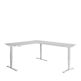 Schäfer Shop Genius AERO FLEX hoekbureau, elektrisch in hoogte verstelbaar, hoek 90°, T-voet, B 2000 x D 2400 mm, aluminium lichtgrijs/wit + memorypaneel