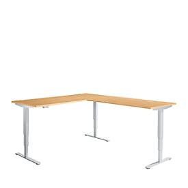 Schäfer Shop Genius AERO FLEX hoekbureau, elektrisch in hoogte verstelbaar, hoek 90°, T-voet, B 2000 x D 2400 mm, beuken/blank aluminium + memoryplaat