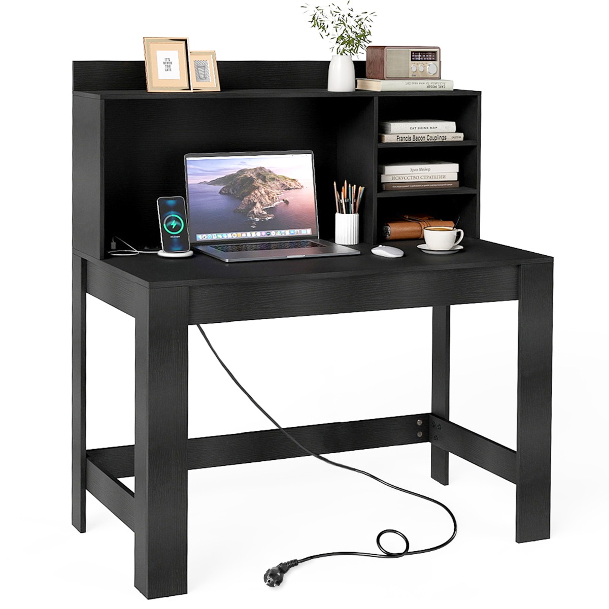 Costway Computerbureau met Extra Kast Kantoorbureau met Stopcontacten en Kabelbeheer