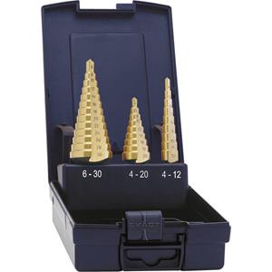 exact HSS Stufenbohrer-Set 3teilig 4 - 12 mm, 4 - 20 mm, 6 - 30mm TiN 3-Flächenschaft 1 Set