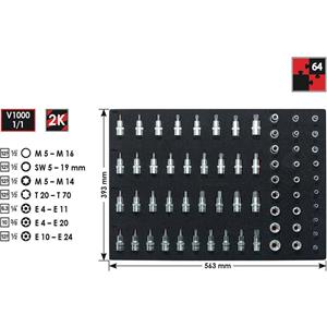 Vigor V2837 Veeltand (XZN), Inbus, Binnen-wigprofiel, Buiten-zesrond (TX), Binnen-zesrond (TX) Dopsleutel-bitinzetset 64-delig 1/2 (12.5 mm), 1/4 (6.3 mm), 3/8