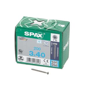 Spax Spaanplaatschroef platverzonken kop RVS T-Star T10 voldraad 3.0x40mm (per 200 stuks)