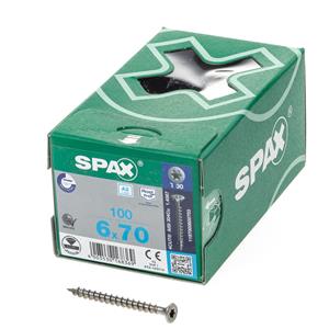Spax Spaanplaatschroef platverzonken kop RVS T-Star T30 voldraad 6.0x70mm (per 100 stuks)
