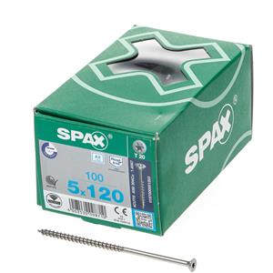 Spax Spaanplaatschroef platverzonken kop RVS T-Star T20 deeldraad 5.0x120mm (per 100 stuks)
