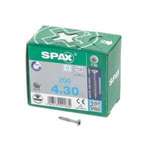 Spax Spaanplaatschroef platverzonken kop RVS T-Star T20 deeldraad 4.0x30mm (per 200 stuks)